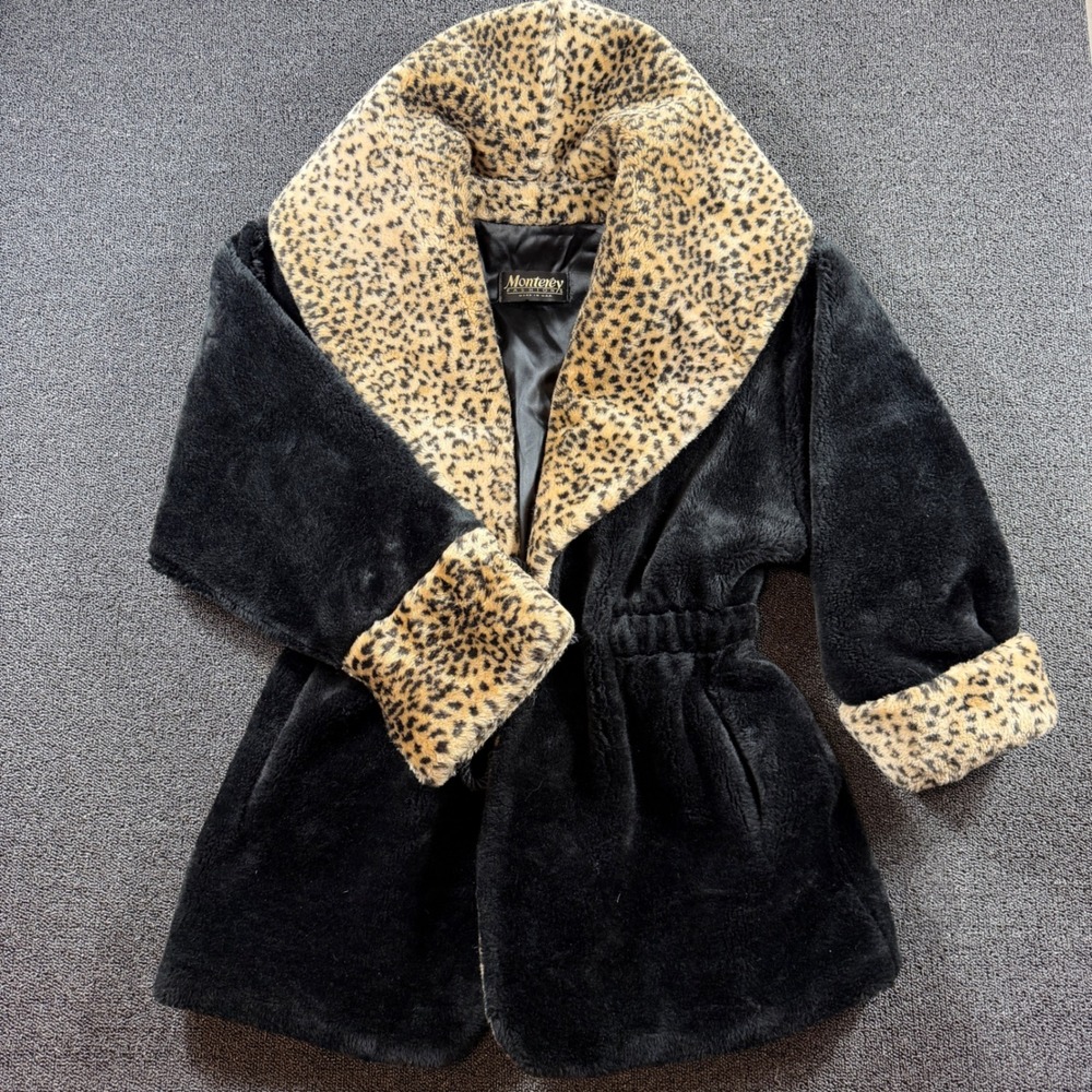 VTG Monterey Fashions Faux Fur Fleece Coat Women's‎ M Leopard Print Trim 80s USA